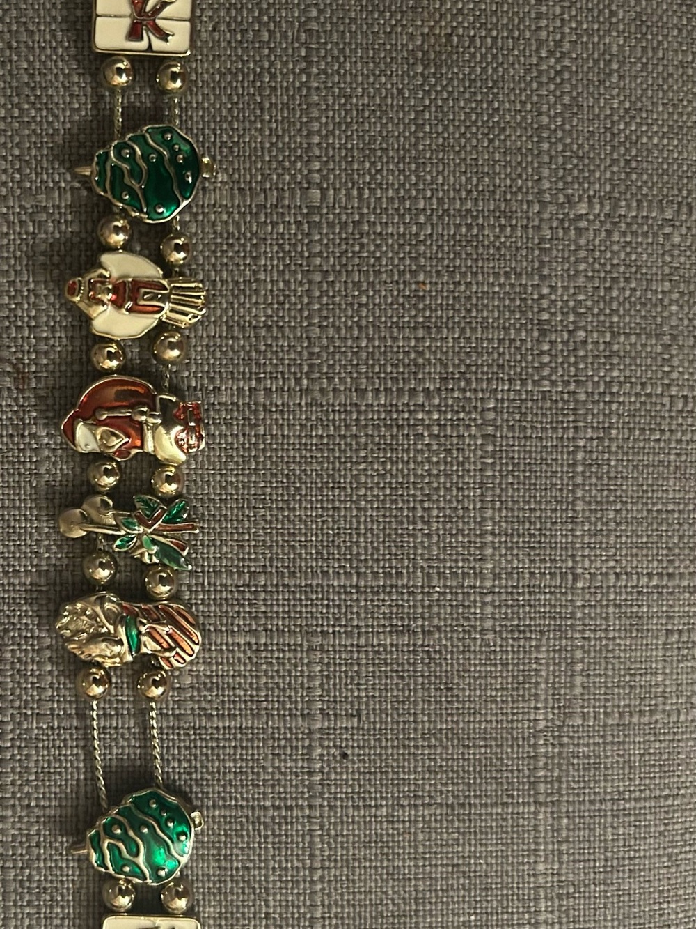 Vintage Gold-Tone Holiday Charm Bracelet with Green and Red Enamel Accents